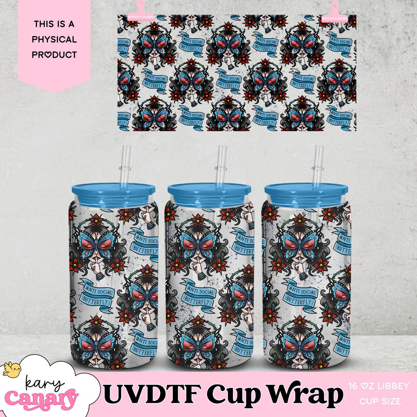 π¦ Anti-Social Butterfly UV DTF Cup Wrap | 16 oz Libbey Glass Can | 9.7 x 5β | Alt & Snarky | Ready to Press Decal