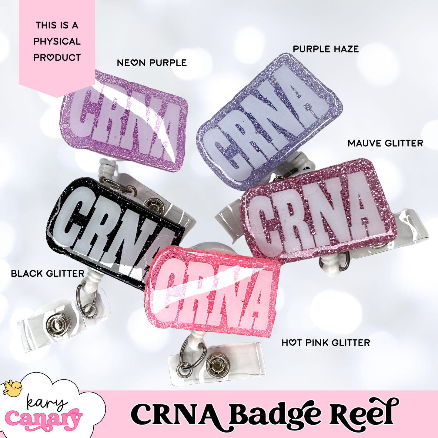 Glitter CRNA Badge Reel – Sparkly Resin Badge Holder in 5 Colors for Nurse Anesthetists