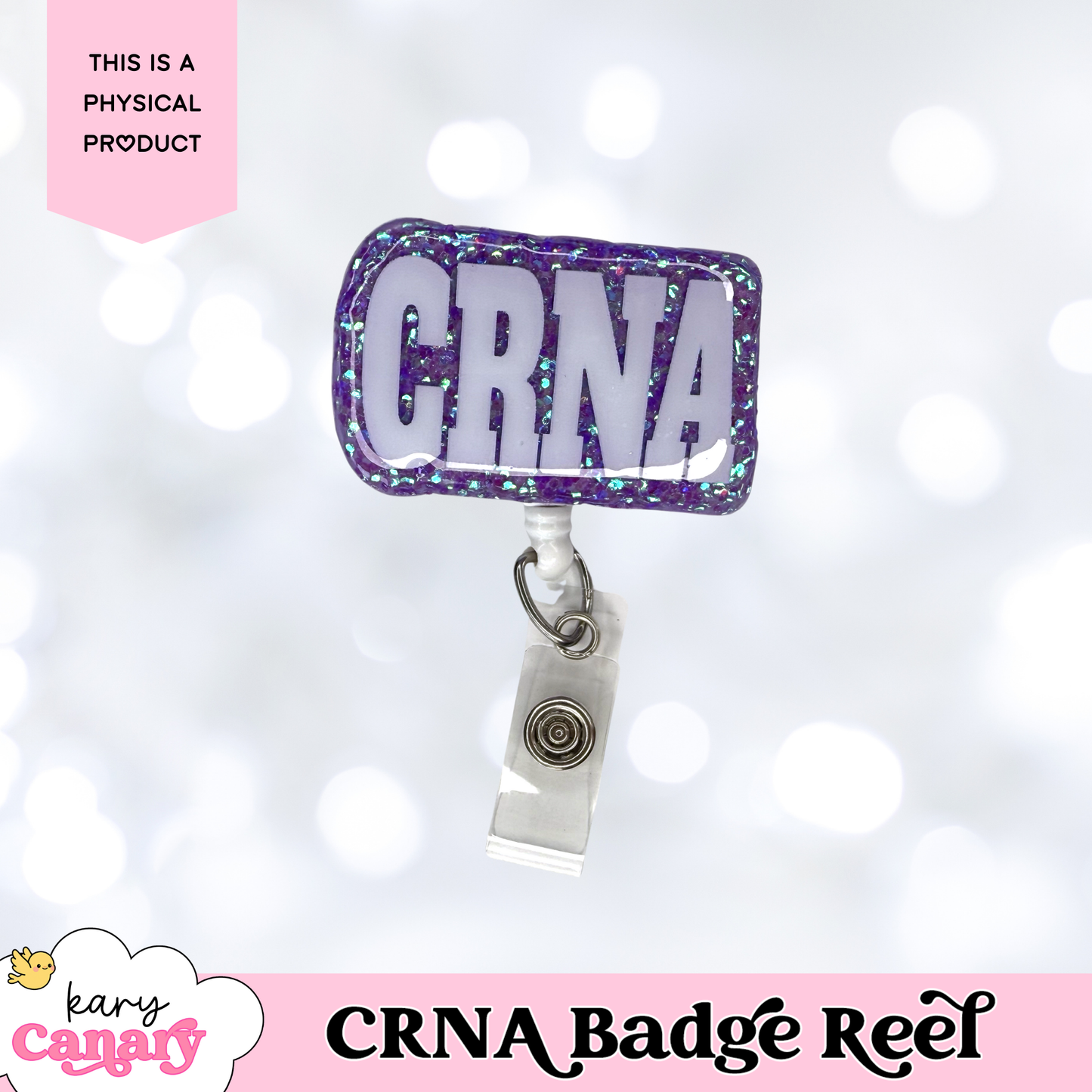 Glitter CRNA Badge Reel – Sparkly Resin Badge Holder in 5 Colors for Nurse Anesthetists