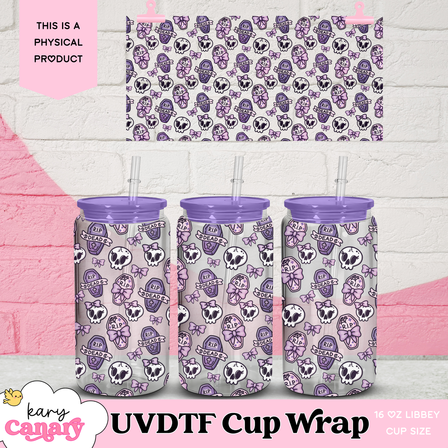Cute Skull & Coffin UV DTF Cup Wrap β Fits 16 oz Libbey Glass Can β Pastel Goth Halloween Cup Wrap β 9.7 x 5β β Ready to Press Decal