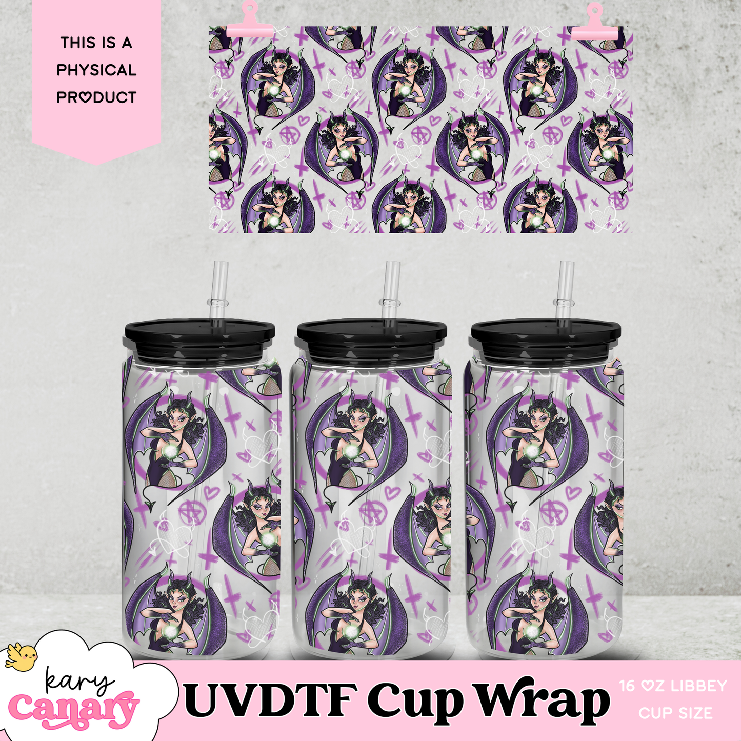 😈 Demon Babe UV DTF Cup Wrap | 16 oz Libbey Glass Can | 9.7 x 5” | Pastel Goth | Ready to Press Decal