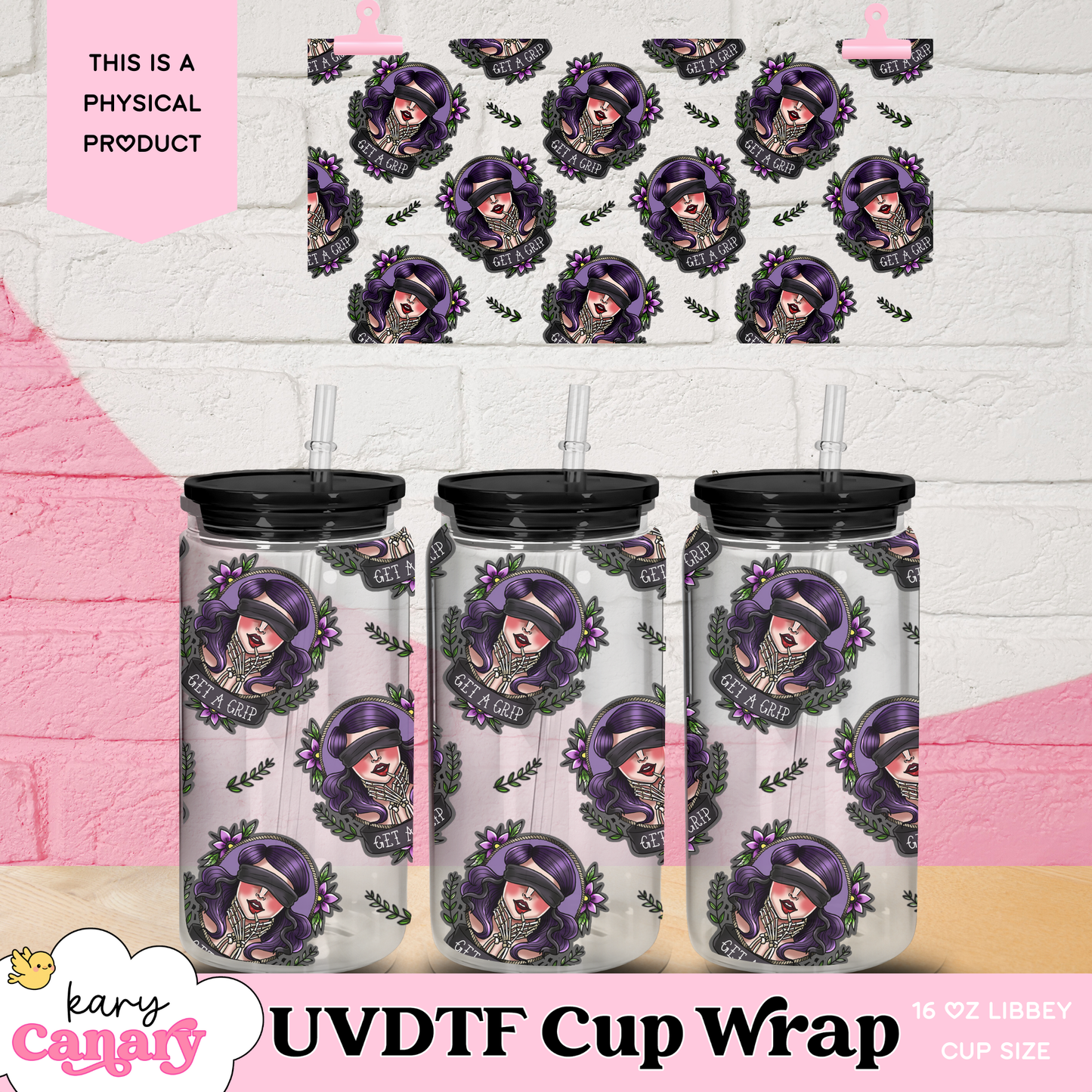 🕷️ Gothic Babe “Get a Grip” UV DTF Cup Wrap | 16 oz Libbey Glass Can | 9.7 x 5” | Alt Girl | Ready to Press Decal