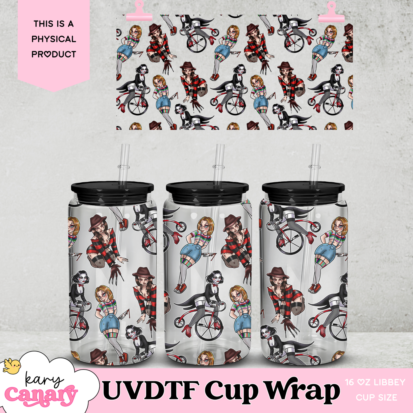 🔪 Horror Babes UV DTF Cup Wrap | 16 oz Libbey Glass Can | 9.7 x 5” | Slasher Cuties | Ready to Press Decall