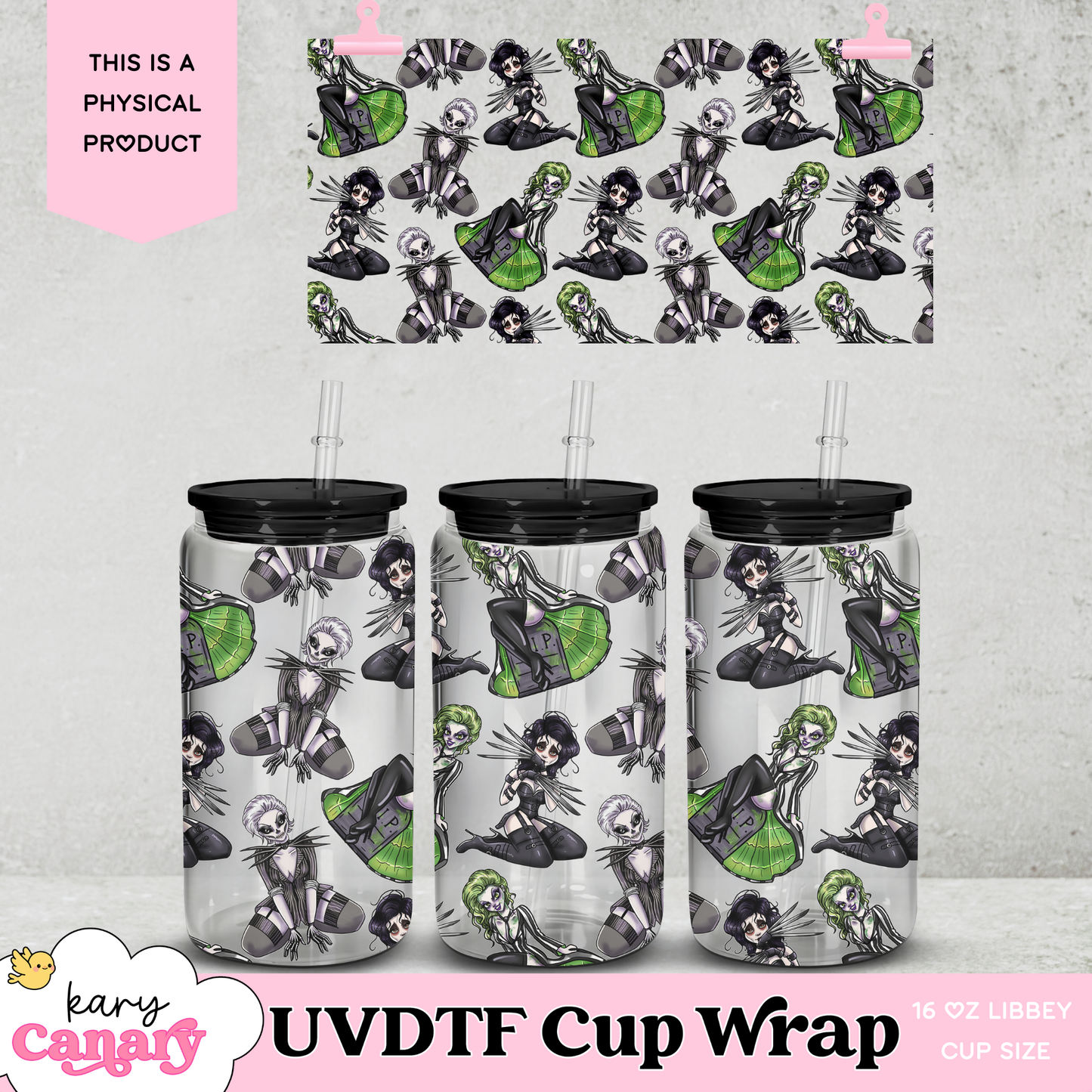 š¤ Tim Burton Babes UV DTF Cup Wrap | 16 oz Libbey Glass Can | 9.7 x 5ā | Gothic Glam | Ready to Press Decal