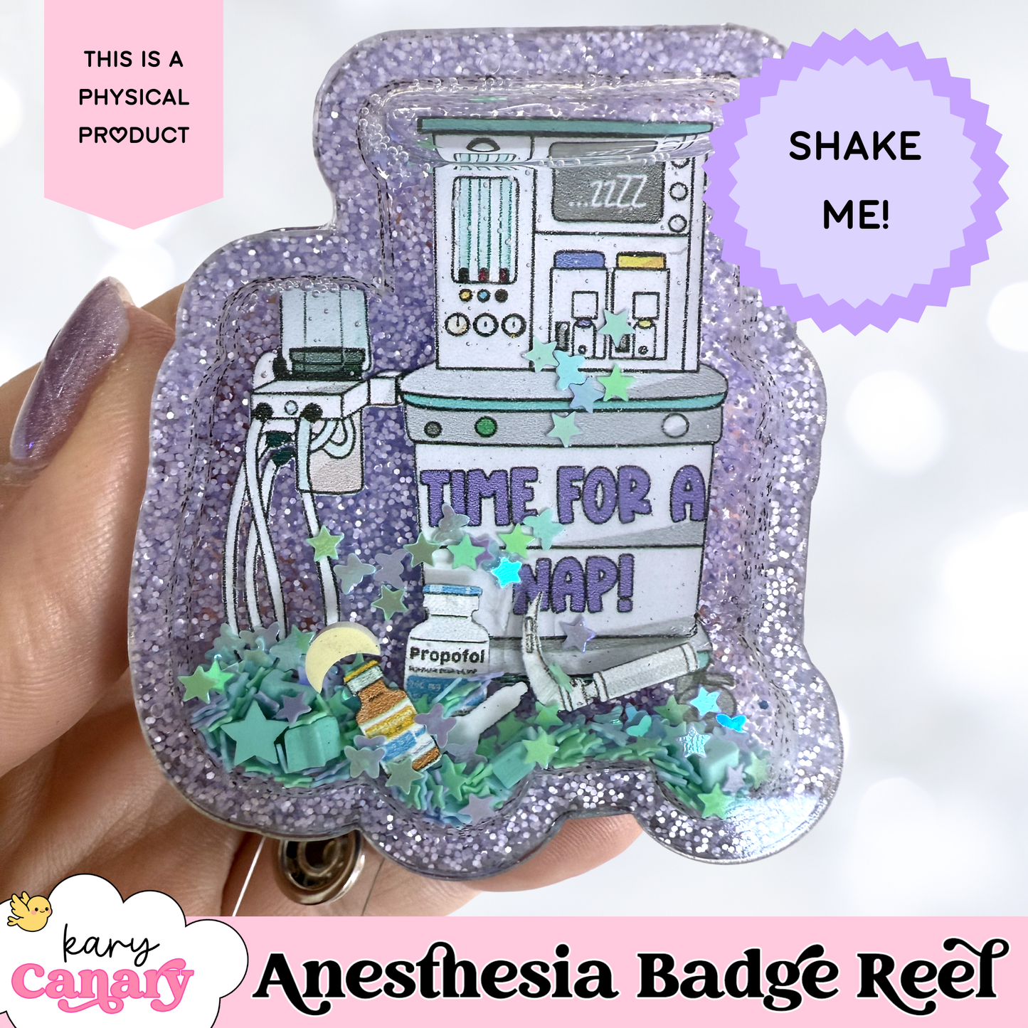 β¨ Anesthesia Shaker Badge Reel β Glitter Propofol Design for CRNA, SRNA, Anesthesia Tech β¨