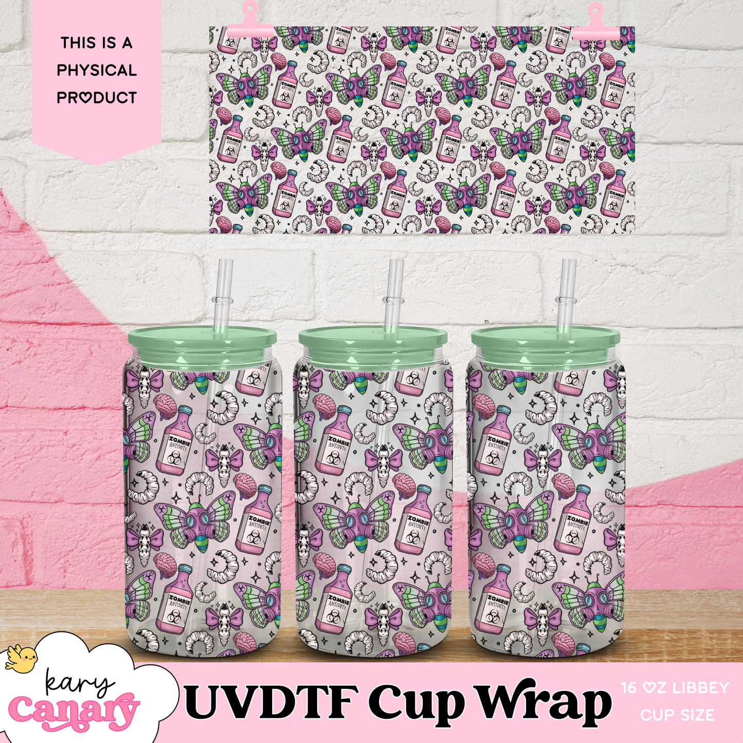 🧠 Zombie Antidote UV DTF Cup Wrap | 16 oz Libbey Glass Can | 9.7 x 5” | Pastel Creepy Cute | Ready to Press Decal