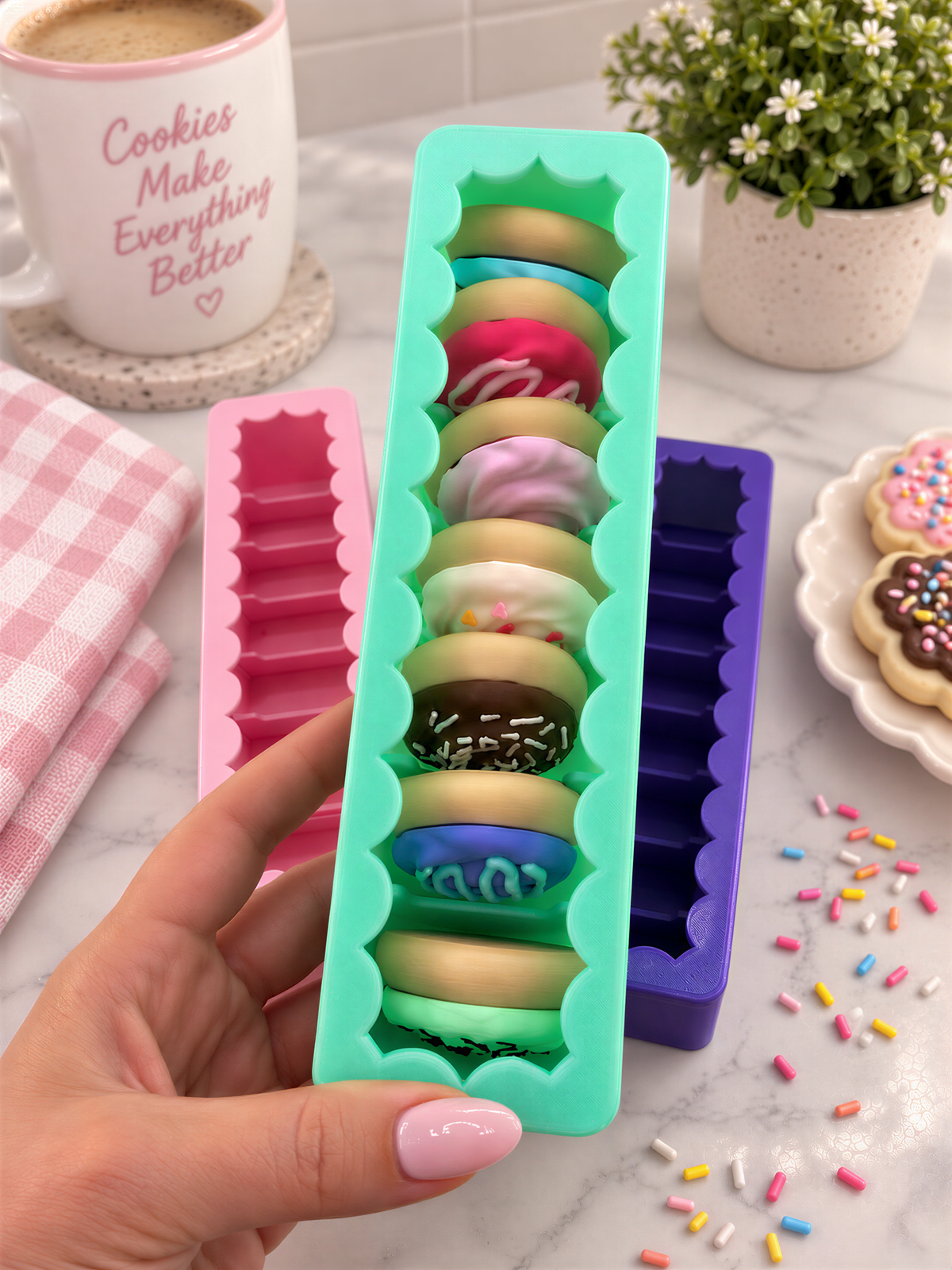 A hand holding a green container filled with colorful, scalloped-edge cookies, surrounded by other cookies, a mug, and a potted plant.