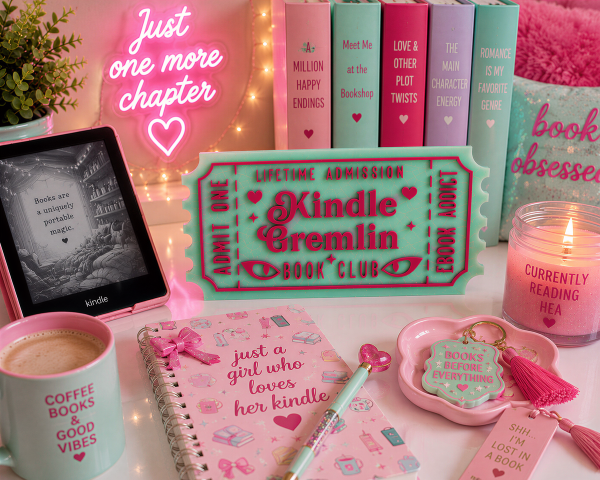 a collection of pink and teal-colored items, including a Kindle e-reader, a book, a candle, a mug, and a notebook, all arranged on a white surface.