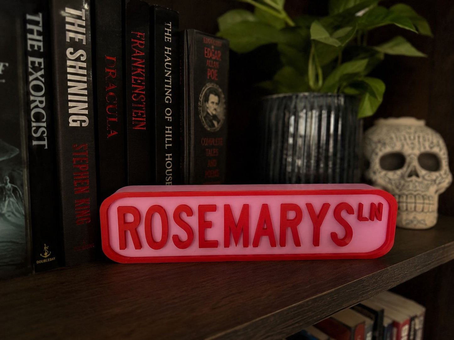 a bookshelf with several books, a skull, and a pink sign with the word "ROSEMARYS" on it.
