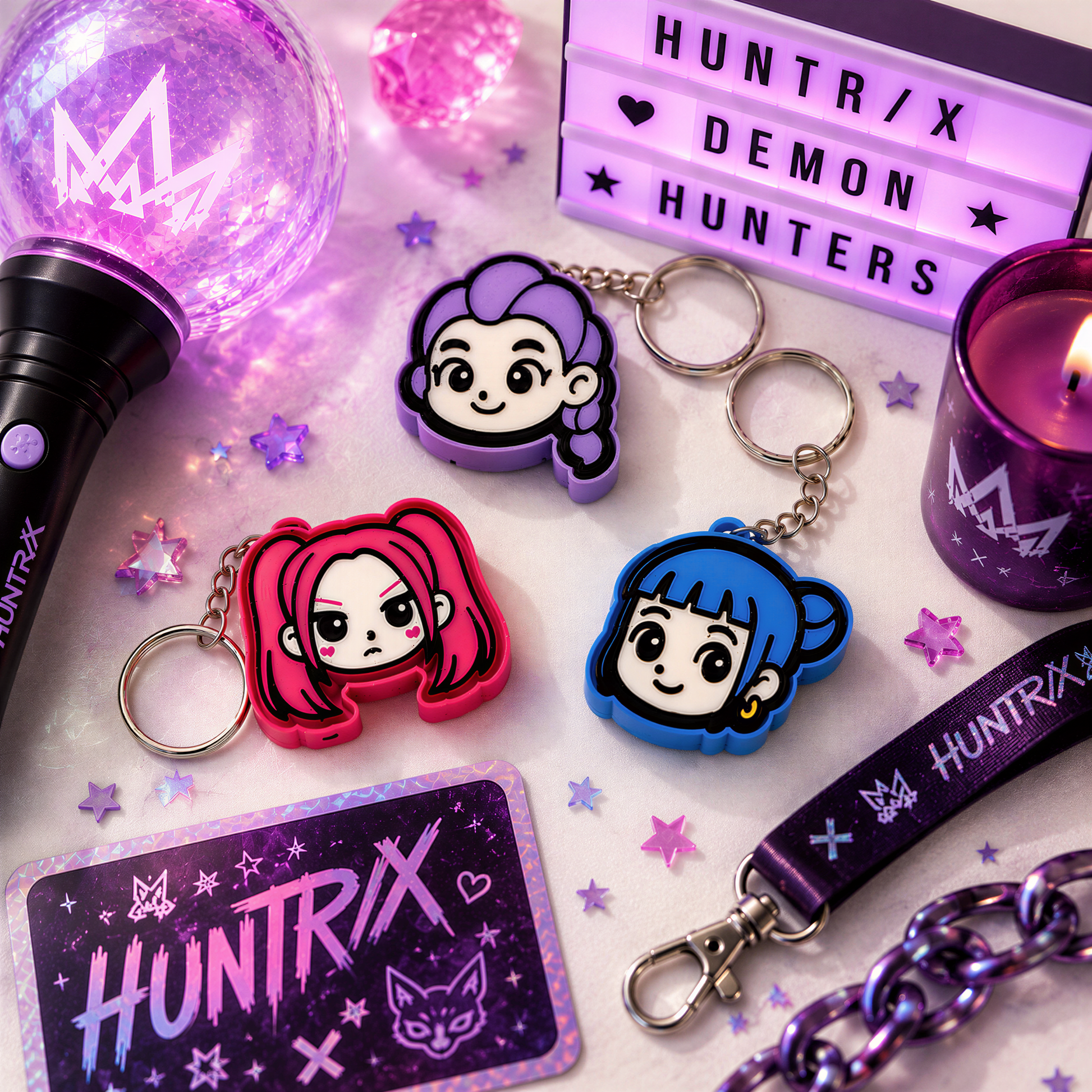various items related to the "Huntrx" brand, including a keychain, a card, a candle, and a sign. The keychain features cartoon-style faces, the card has a purple and pink color scheme, the candle has a purple and gold color scheme, and the sign has a purple and pink color scheme. The items are arranged on a surface with stars scattered around them.