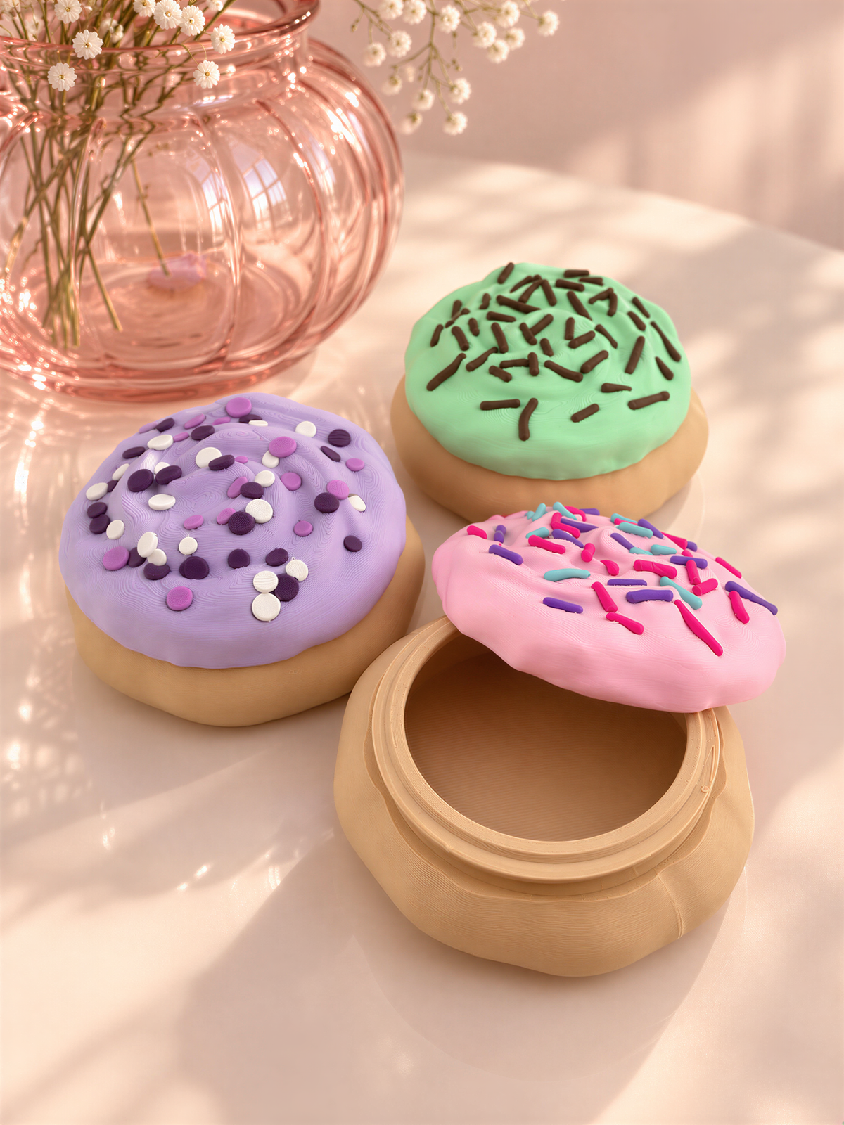 three colorful donut-shaped containers with different frosting and sprinkles, placed on a table with a pink vase of flowers in the background.