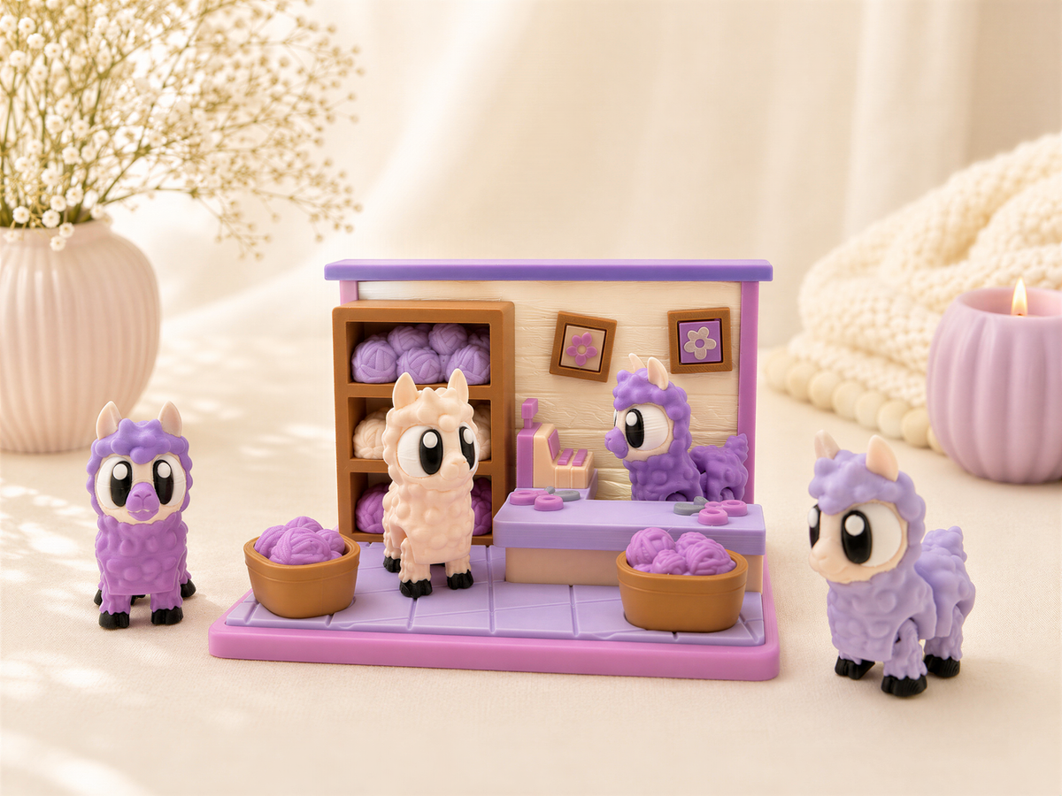 A colorful toy set featuring purple and pink llama figurines, with a purple and white toy cash register and a vase of flowers in the background.