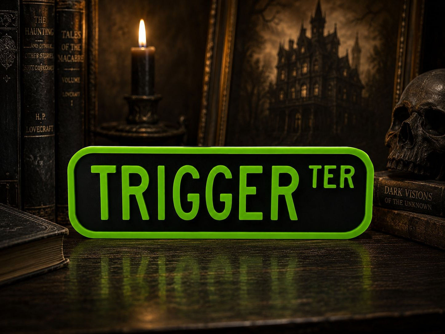 a green sign with the word "TRIGGER" in large white letters, surrounded by various books and a skull on a dark surface.