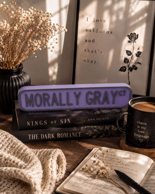 a cozy scene with a stack of books, a mug of coffee, and a framed quote. The books are "NINGS OF SIN" and "THE DARK ROMANCE", and the mug has the quote "I love villains and that's okay." The framed quote reads "I love villains and that's okay." The scene is set against a backdrop of a vase with dried flowers and a potted plant.