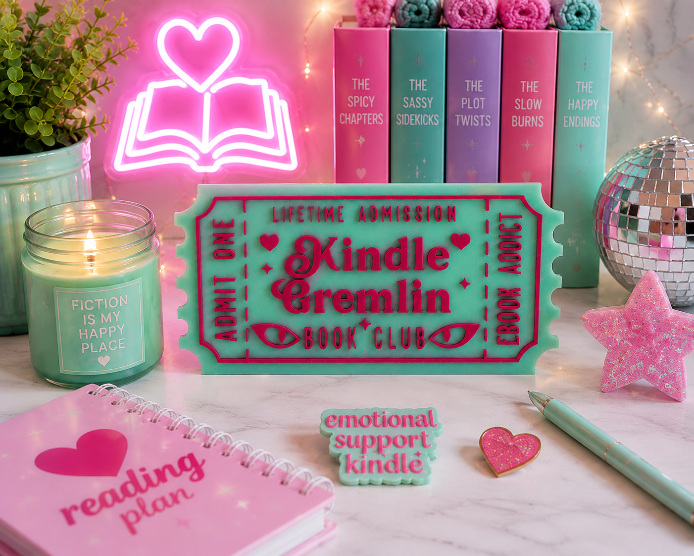 Kindle Gremlin Book Club Shelf Sitter | Bookish Reader Decor Green & Pink