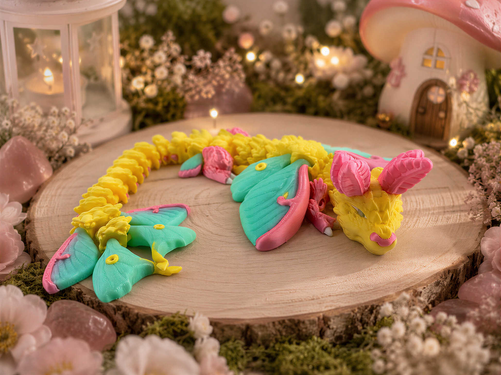 A colorful dragon-shaped cake sits on a wooden surface, surrounded by flowers and a small mushroom-shaped house.
