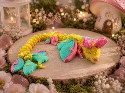 A colorful dragon-shaped cake sits on a wooden surface, surrounded by flowers and a small mushroom-shaped house.