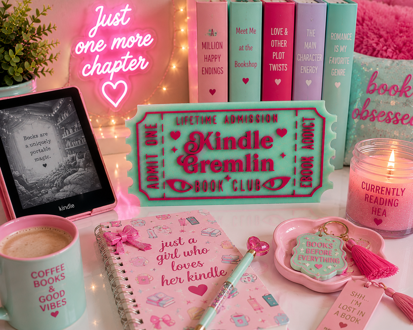 Kindle Gremlin Book Club Shelf Sitter | Bookish Reader Decor Green & Pink