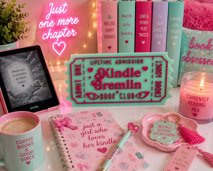 Kindle Gremlin Book Club Shelf Sitter | Bookish Reader Decor Green & Pink