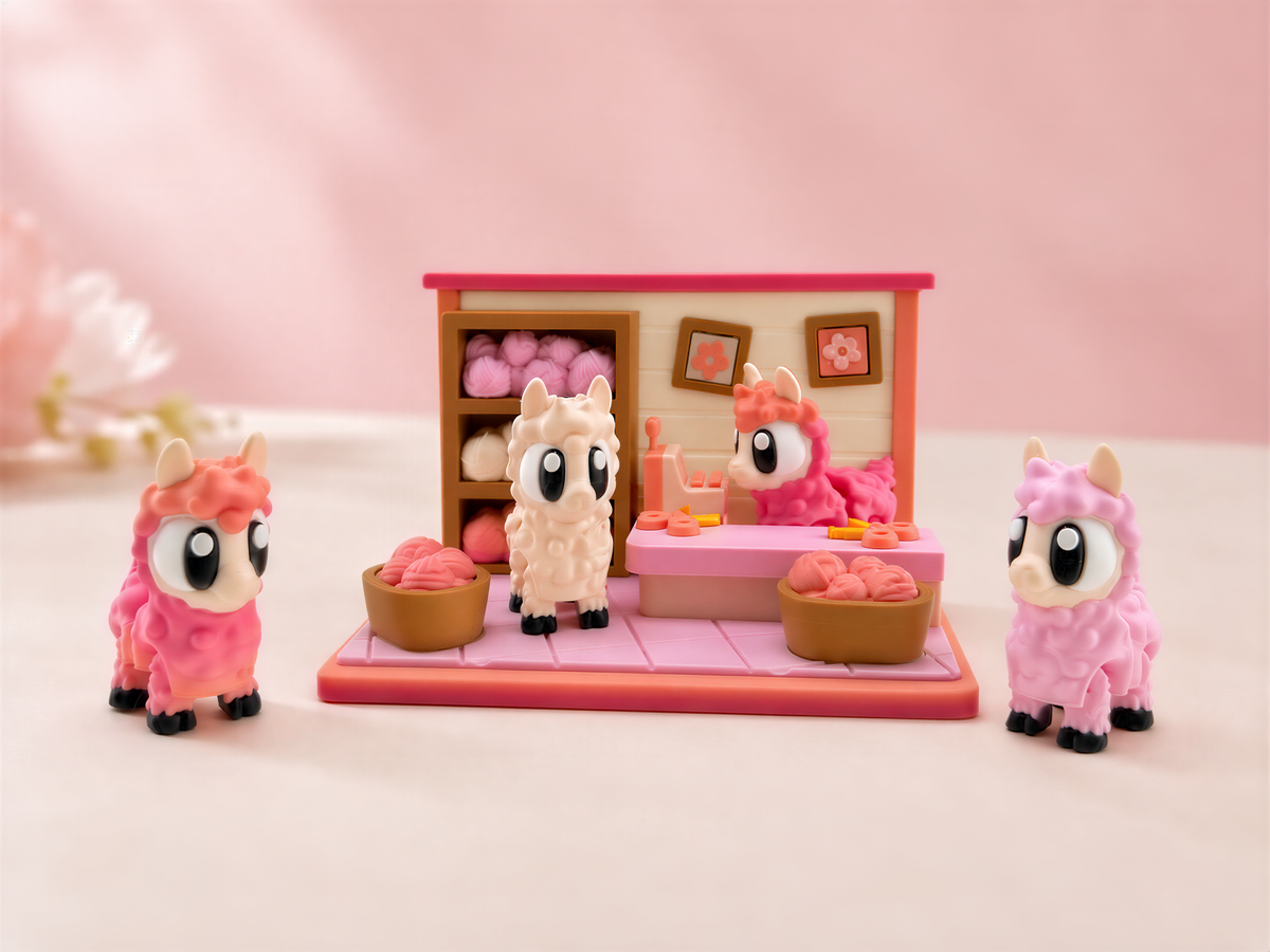 A group of four small, colorful toy figurines, including two pink and two white ones, are arranged on a pink and orange platform.