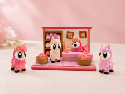 A group of four small, colorful toy figurines, including two pink and two white ones, are arranged on a pink and orange platform.