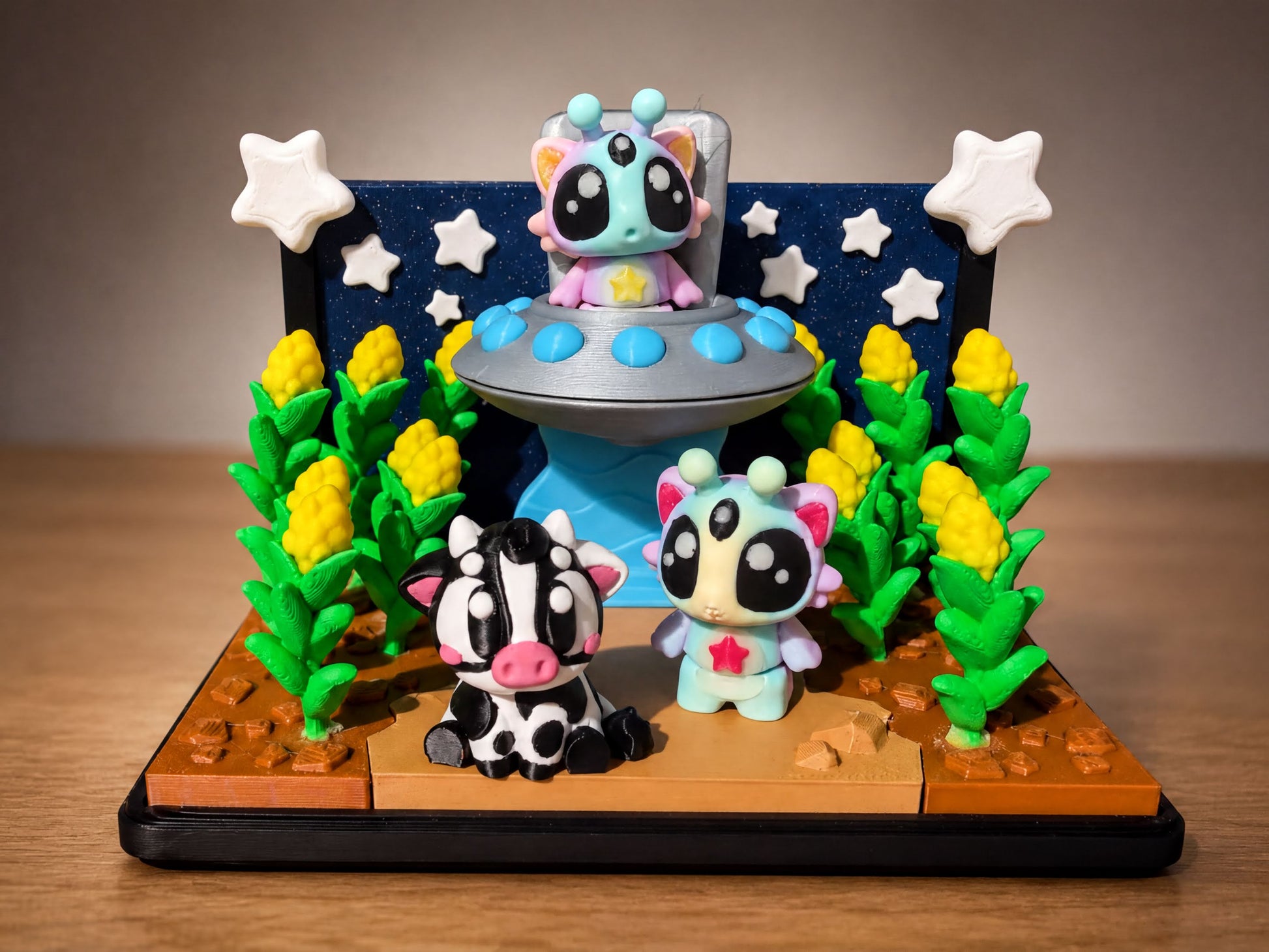 A whimsical diorama featuring three small, colorful toy animals in a space-themed setting, with stars and plants surrounding them.