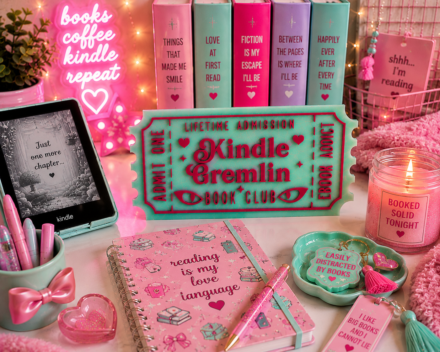 Kindle Gremlin Book Club Shelf Sitter | Bookish Reader Decor Green & Pink
