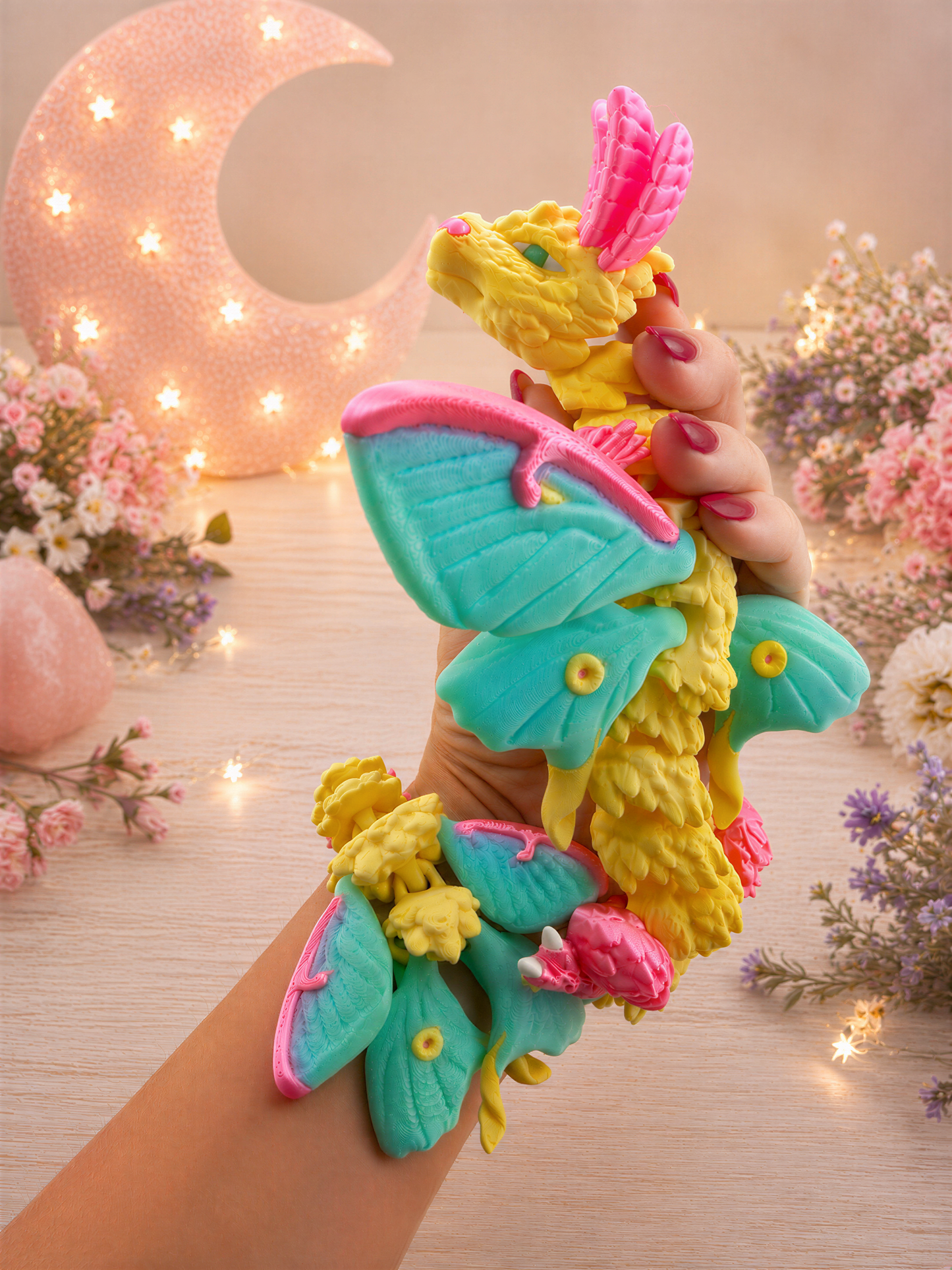 A hand holding a colorful, whimsical dragon-shaped object made of various pastel-colored materials, such as feathers, flowers, and other decorative elements.