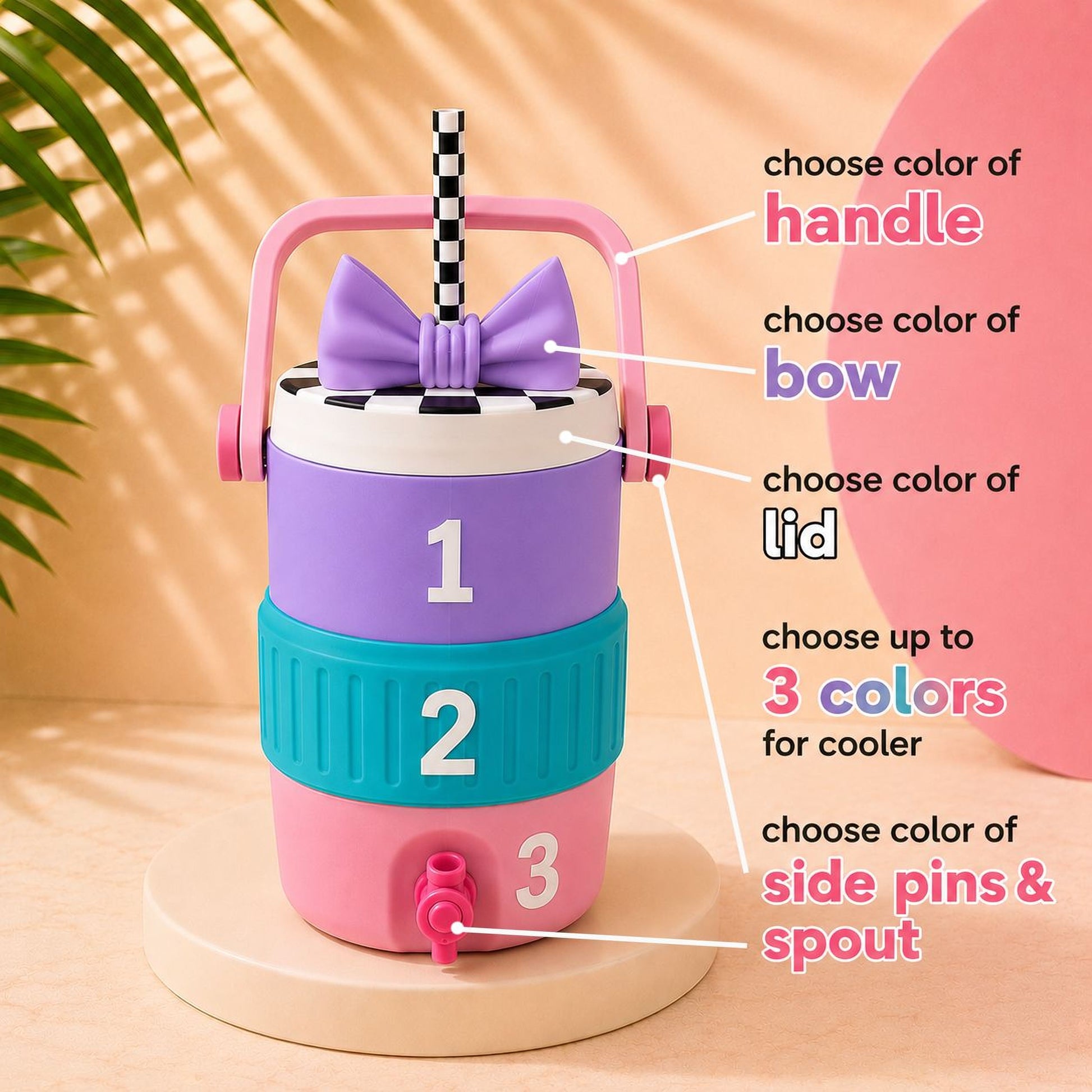 A colorful, multi-colored thermos with a handle, bow, lid, and spout, along with numbered sections for choosing the color of each part.