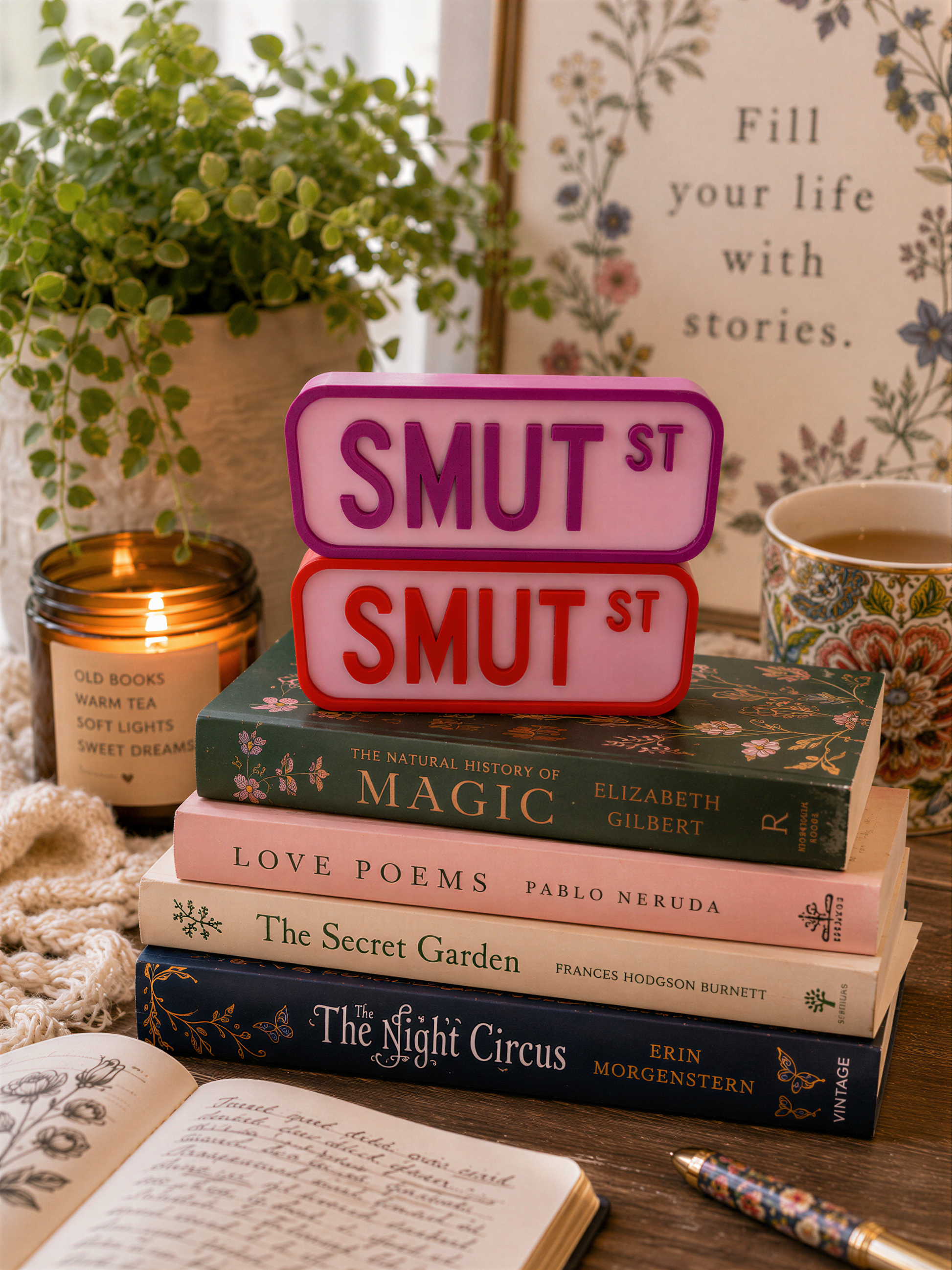 a stack of books, a candle, and a framed quote on a wooden surface.