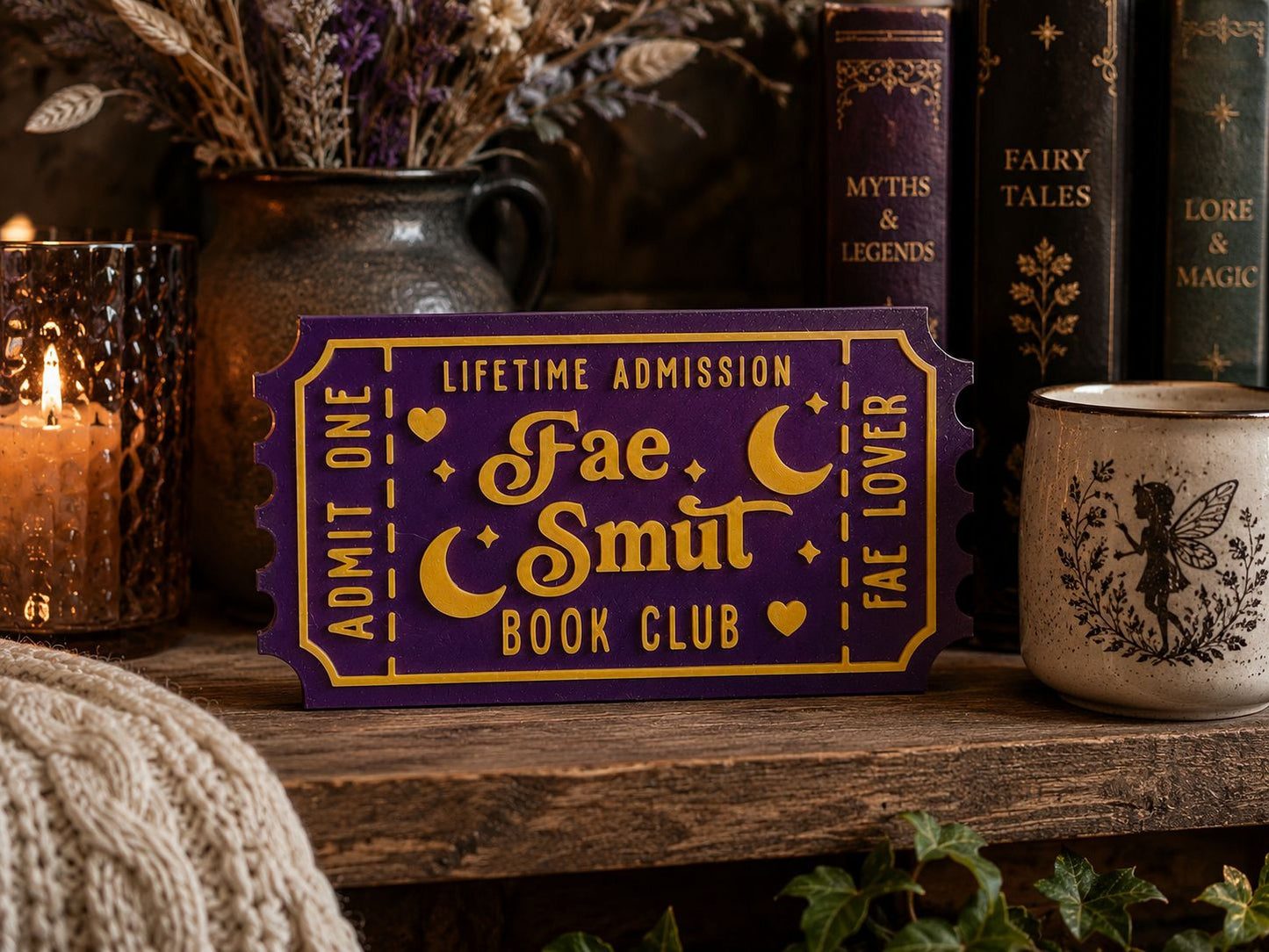 a purple ticket-shaped sign with gold lettering, placed on a wooden surface next to a mug with a fairy design.