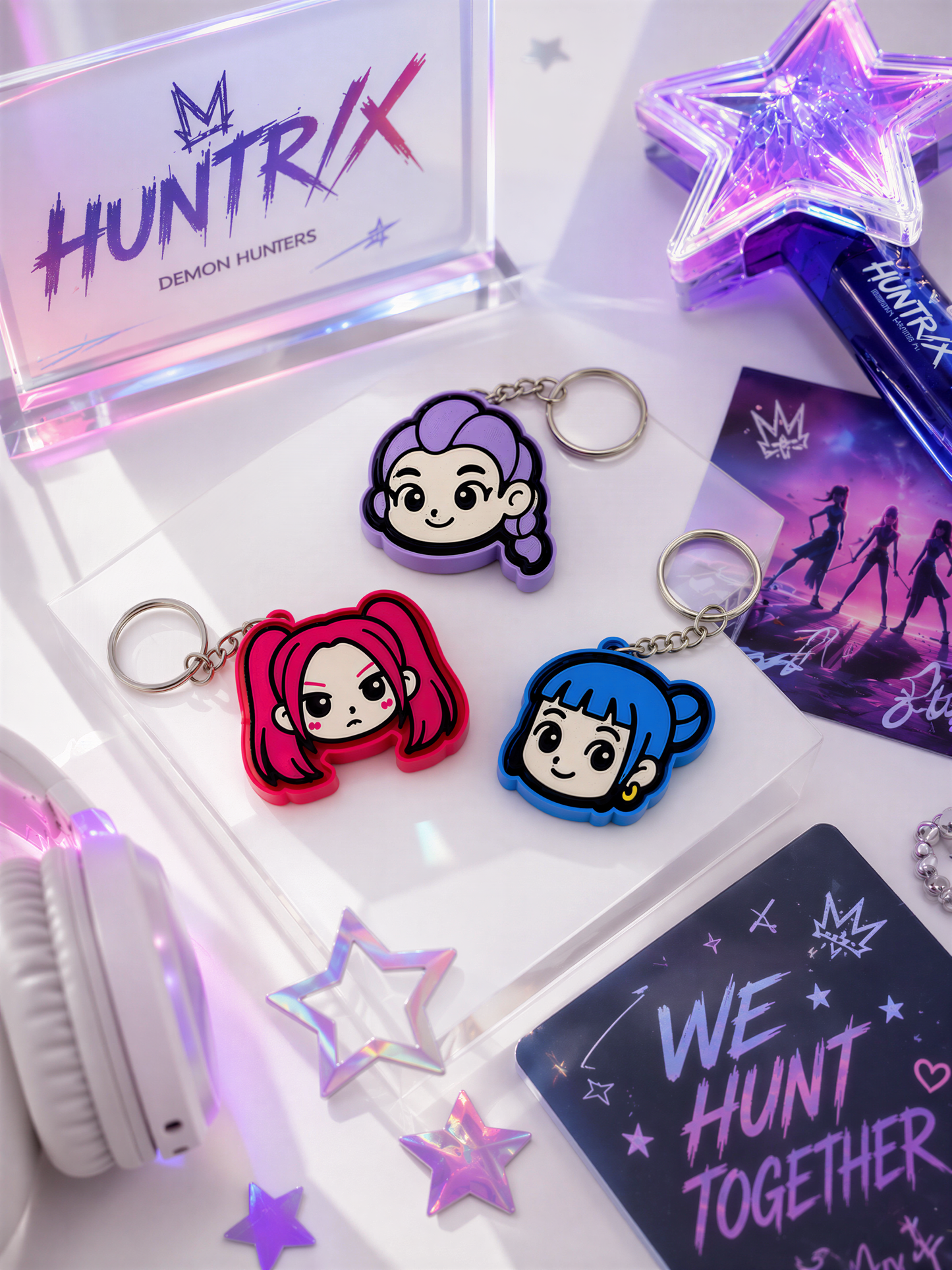 a collection of colorful keychains, a pair of headphones, and some star-shaped objects, all arranged on a white surface.