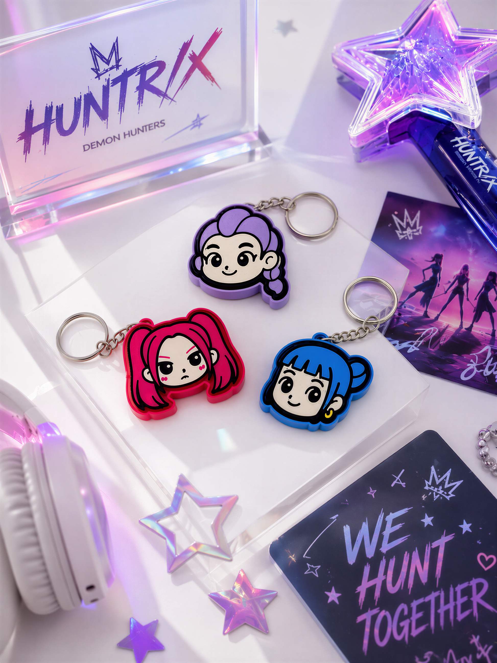 a collection of colorful keychains, a pair of headphones, and some star-shaped objects, all arranged on a white surface.
