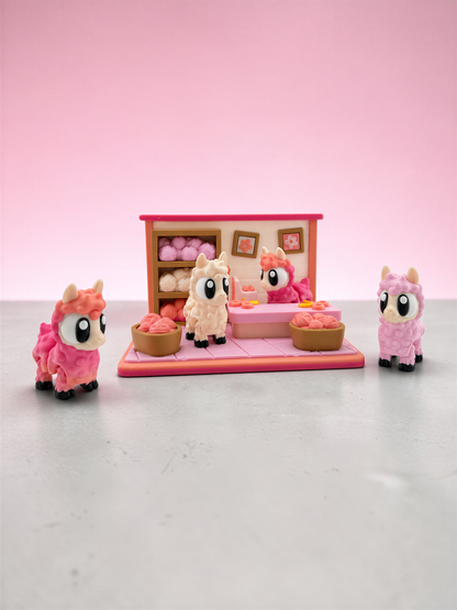 A pink toy shop with three small toy animals, including a pink llama, a pink cat, and a pink dog, arranged on a pink background.