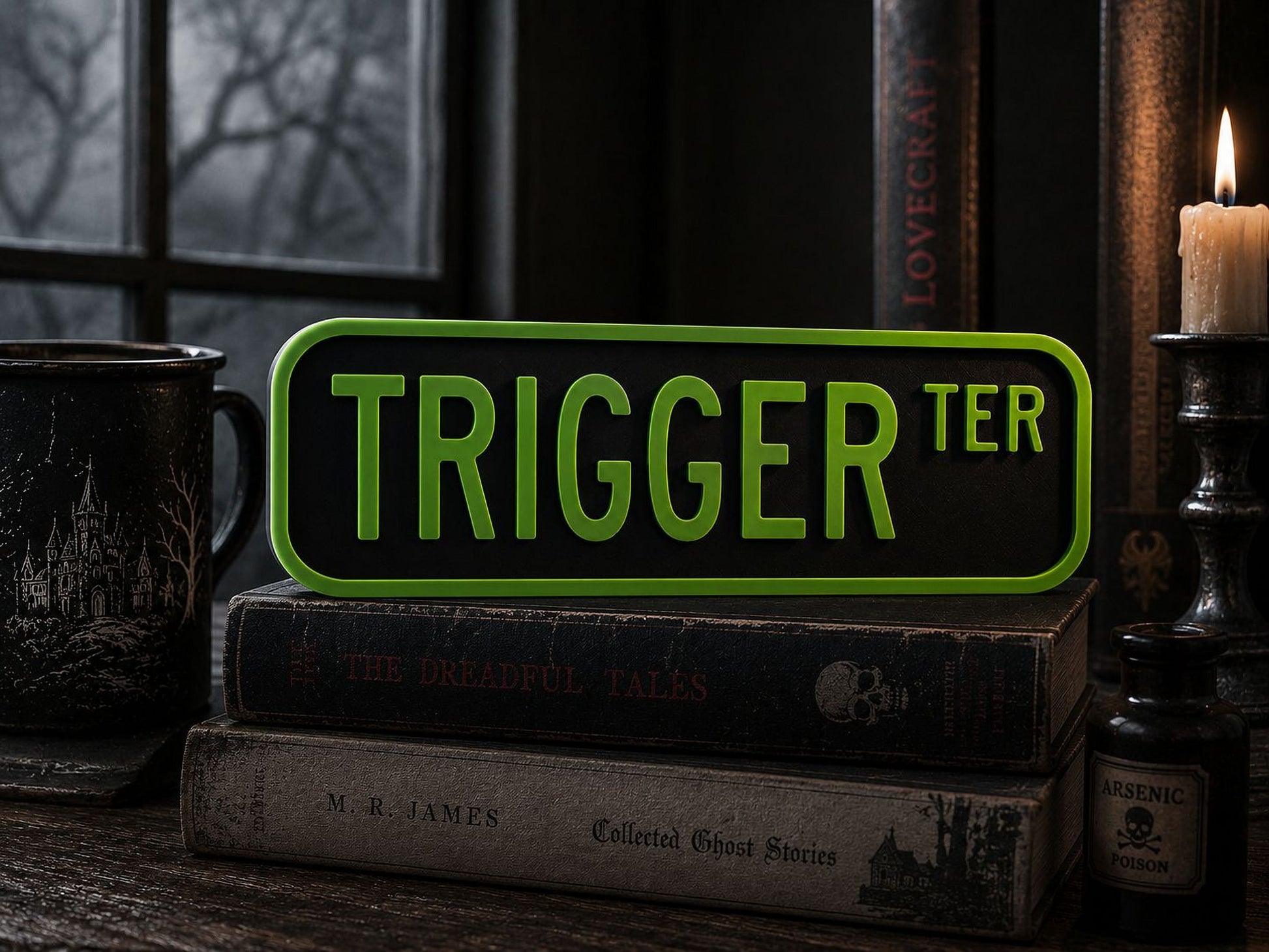 a stack of books, a mug, and a candle, with a green sign that says "TRIGGER TER" in the foreground.