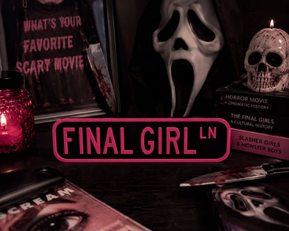 a collection of items related to the movie "Final Girl", including a sign, a skull, a candle, and some books.