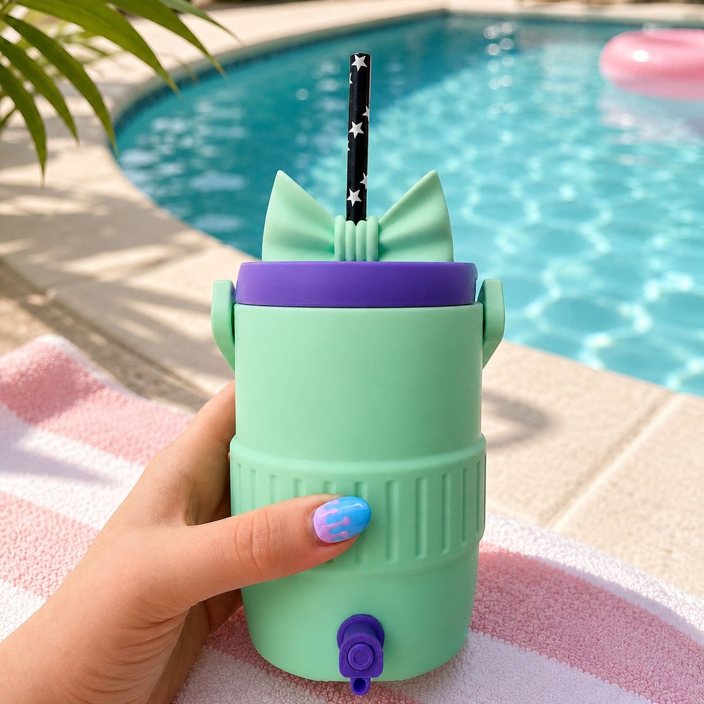 A hand holding a green and purple insulated cup with a straw, placed near a swimming pool.