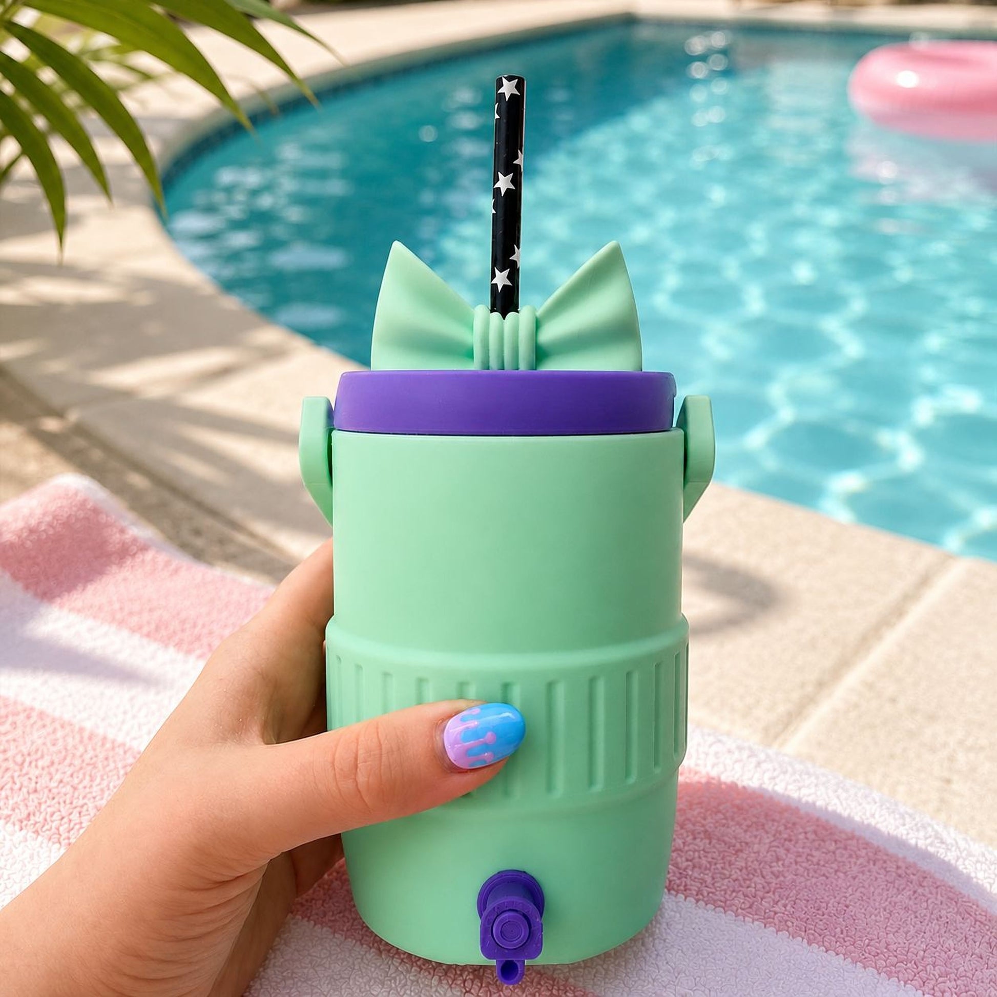 A hand holding a green and purple insulated cup with a straw, placed near a swimming pool.