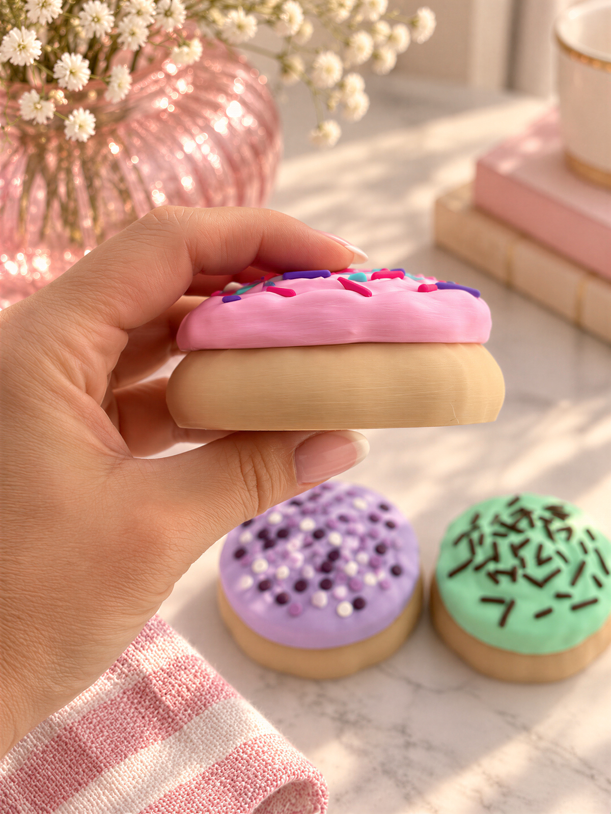 A hand is holding a pink frosted donut with sprinkles, surrounded by three other donuts with different frostings and sprinkles.