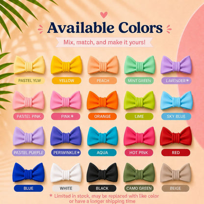 a variety of colorful bow ties, each with a different color, arranged in a grid pattern. The text above the image reads "Available Colors Mix, match, and make it yours!" and the bottom of the image provides a warning that the colors may be limited in stock and may not be replaced with a different color or have a longer shipping time.