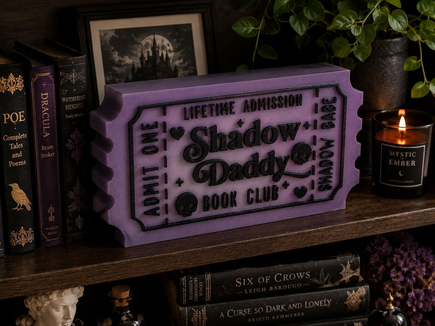 a purple ticket-shaped object with the text "LIFETIME ADMISSION Shadow Daddy BOOK CLUB" on it, placed on a bookshelf among various books and decorative items.
