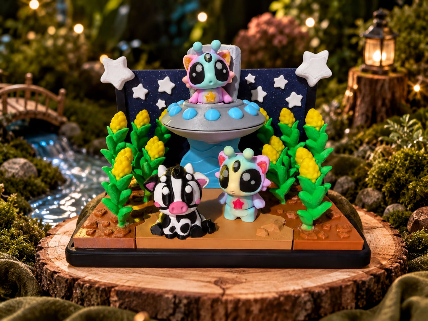 A whimsical miniature garden scene featuring a toy alien, a cow, and a cat, all set against a backdrop of a starry night sky and a small pond.