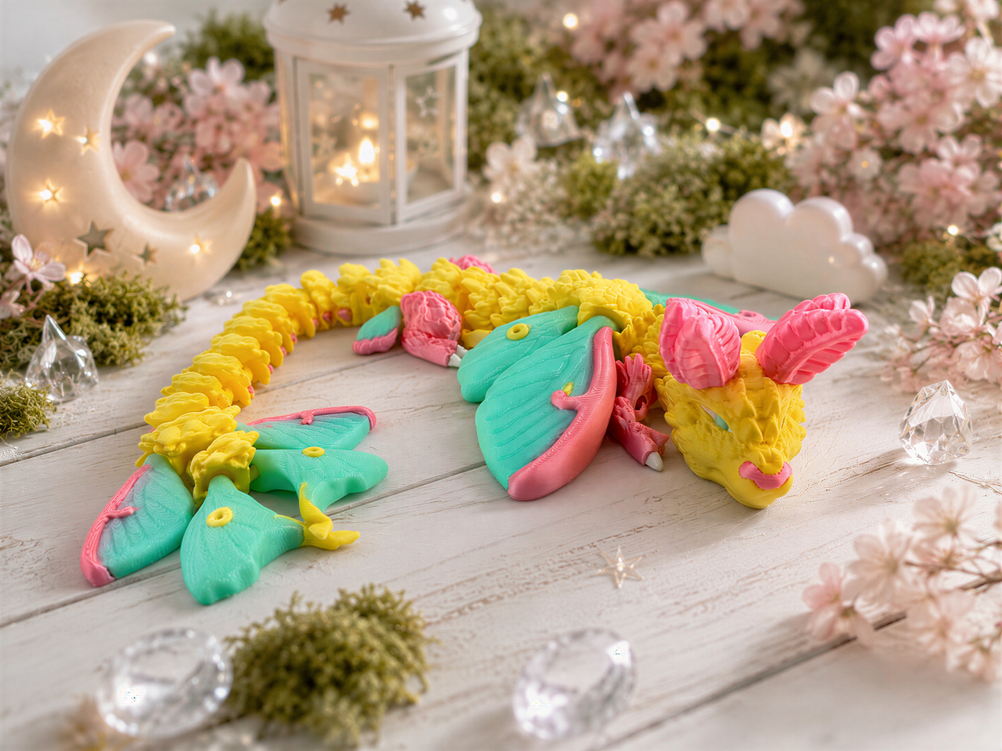 A colorful dragon figurine made of play dough is displayed on a wooden surface, surrounded by various decorative elements such as flowers, crystals, and a lantern.