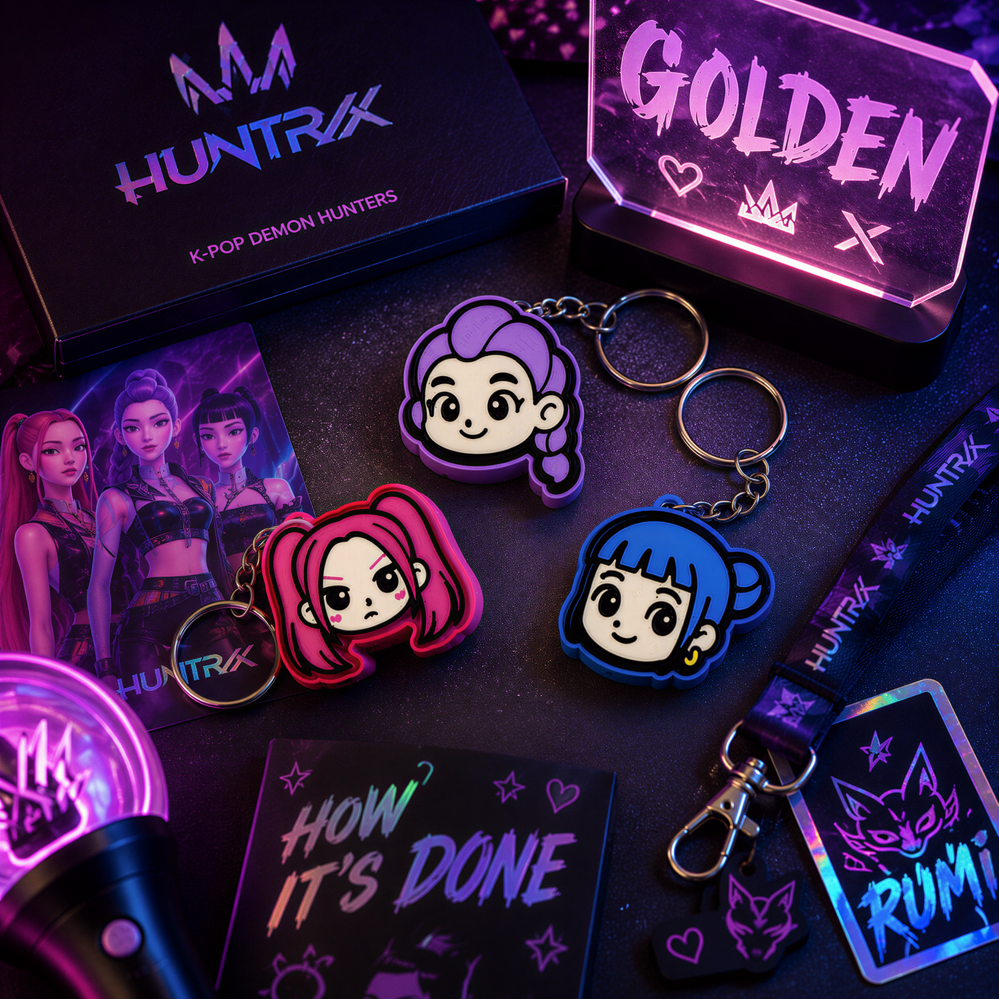 various items related to the K-pop group "Golden", including a box, keychains, and a poster. The items are arranged on a dark surface, with the word "GOLDEN" prominently displayed.
