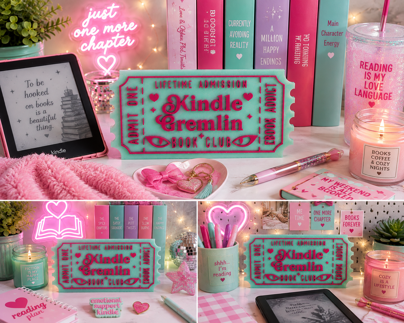 Kindle Gremlin Book Club Shelf Sitter | Bookish Reader Decor Green & Pink