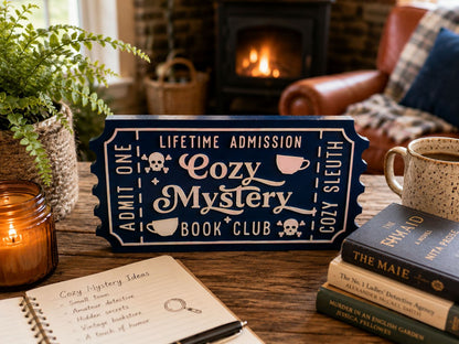 a cozy atmosphere with a fireplace, a wooden table, and various items such as a book, a mug, and a notebook. There is also a ticket-shaped sign that reads "Coffy Mystery Book Club" and a notebook with handwritten notes.