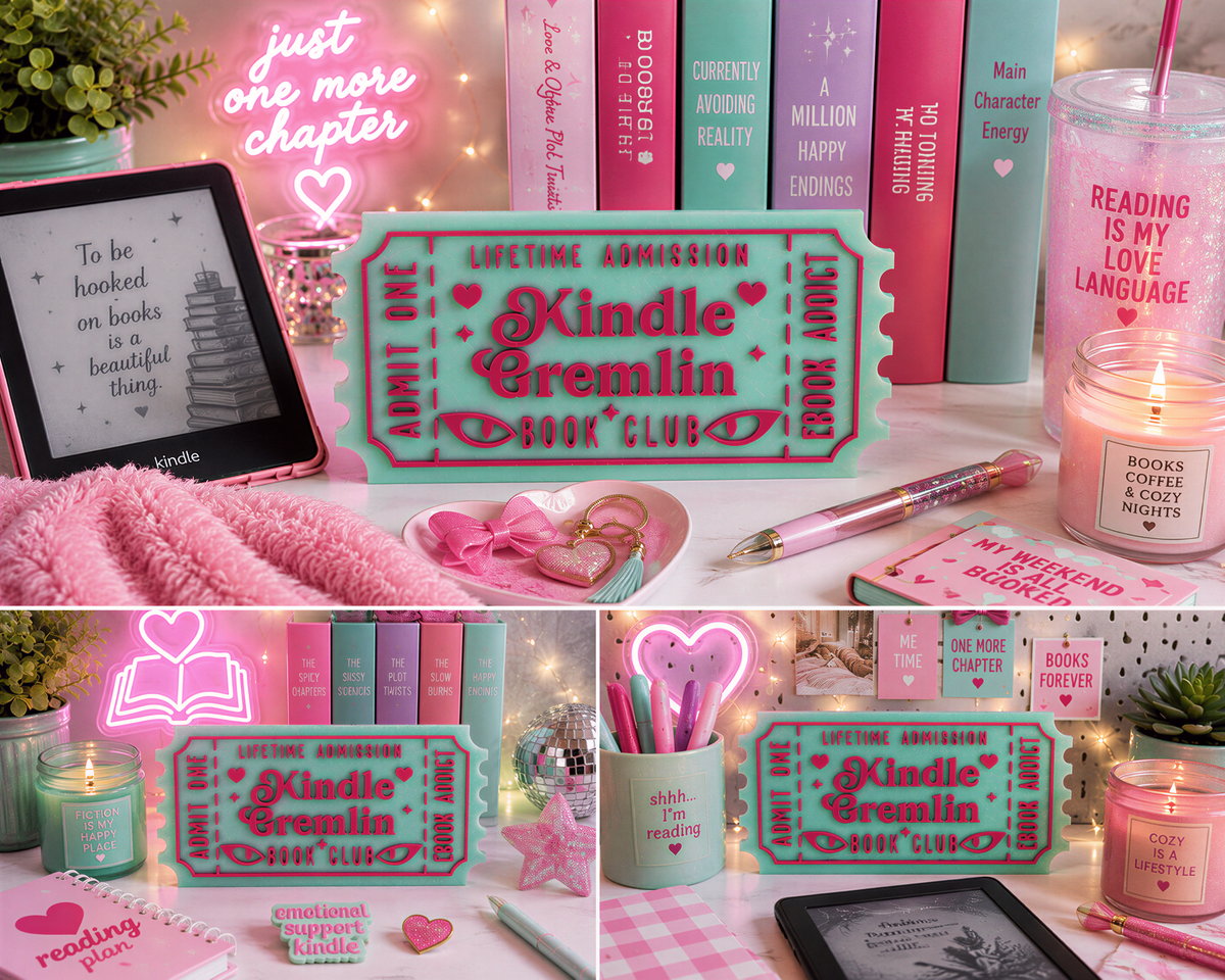 The image is a collage of various pink and teal-colored objects, including books, candles, and other decorative items, arranged on a table.