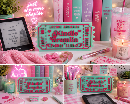 The image is a collage of various pink and teal-colored objects, including books, candles, and other decorative items, arranged on a table.