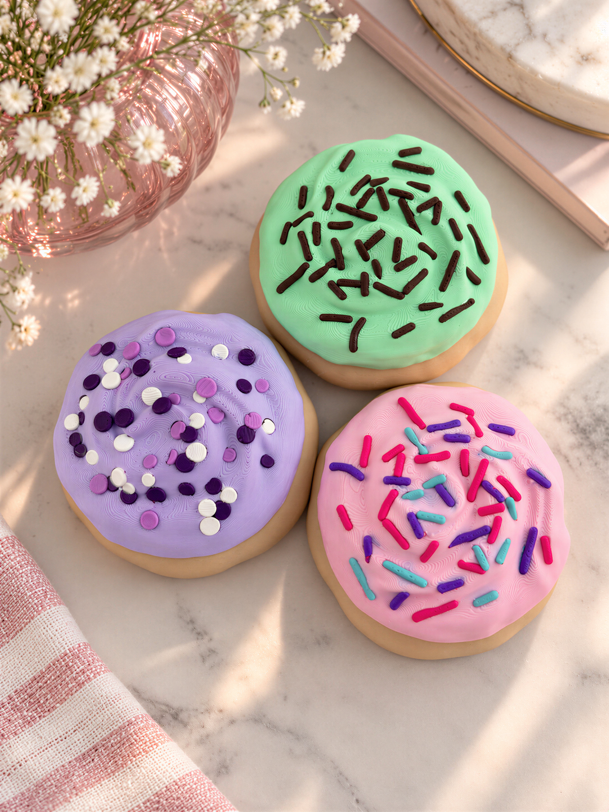 three colorful donuts with different frosting and sprinkles, arranged on a marble surface.