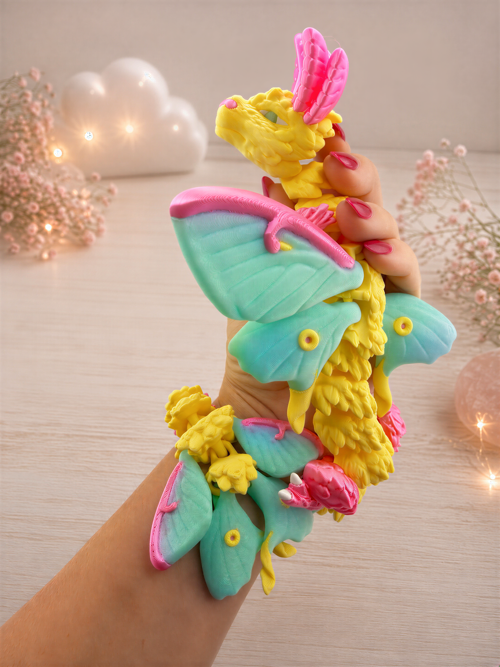 A hand holding a colorful, whimsical toy resembling a dragon or butterfly, with various pastel-colored wings and a vibrant, playful design.